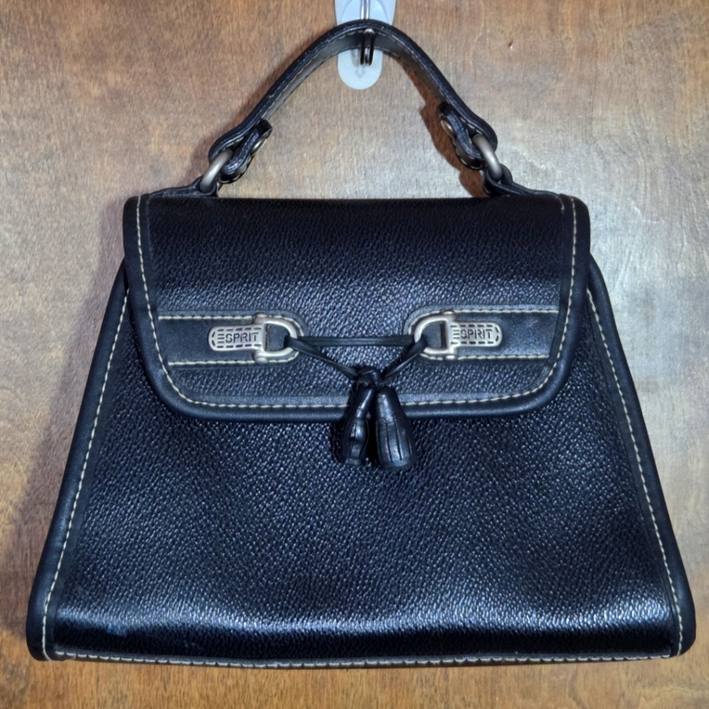 Esprit Mini 00s Top Handle Black Faux Leather Hand Bag Silver Tone Hardware